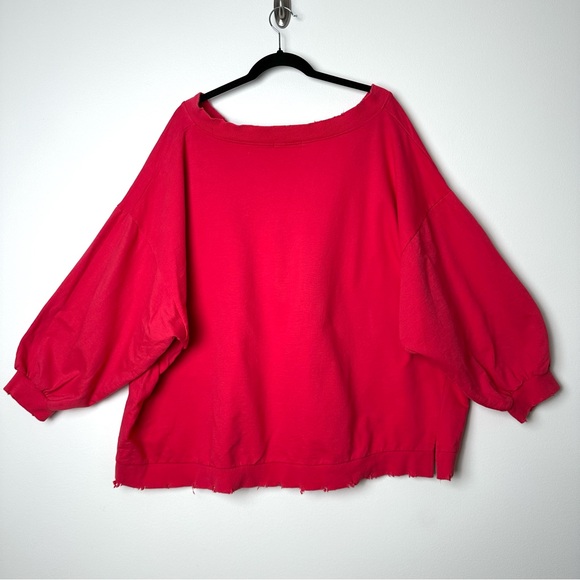 Coca-Cola Red Oversized Distressed Drop Shoulder 3/4 Sleeve V-Neck Sweatshirt - Picture 9 of 13